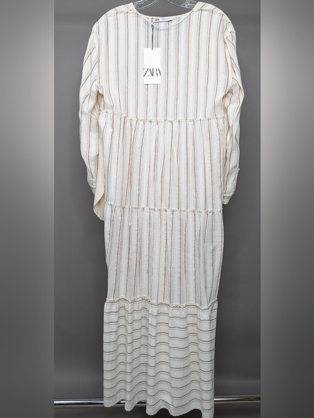 Zara Striped Tiered Maxi Dress in Cream and Tan - Picture 6 of 8